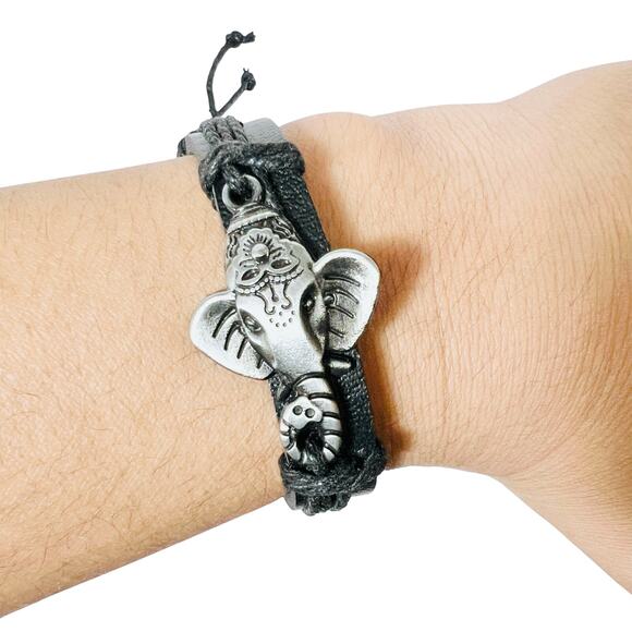 Indian Elephant Bracelet Leather Adjustable Silver Tone Black New - Picture 1 of 5